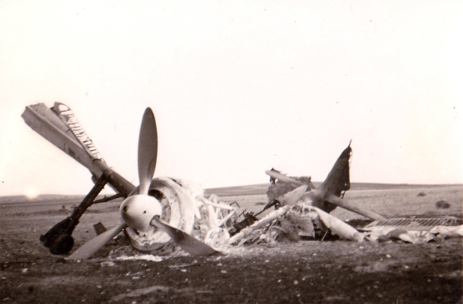 Poldi Wenger's "beautiful" plane after being destroyed in an air attack and fire while parked in Marsa del Oro, Sicily on July 7, 1943