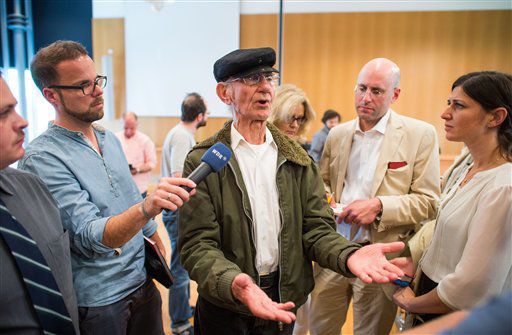 Joshua Kaufman, center, pleading to speak at the trial of an Auschwitz guard because he claims to be a "survivor" who has special rights.