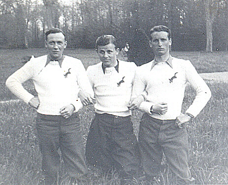 Poldi (on right) with squadron buddies having some fun for the camera showing off their new sweaters with the "Red Fox" squadron emblem.