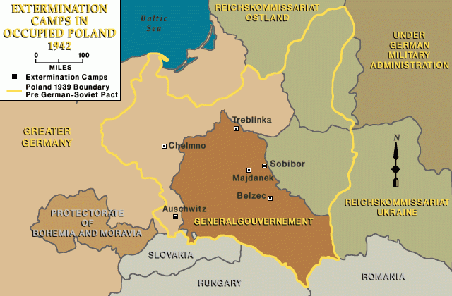 Map of "extermination camps" in occupied Poland.