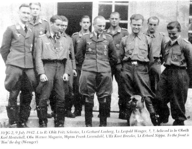 July 9, 1942, front row from left: Oblt Fritz Schröter, Lt Leopold Wenger, Obstlt (Lt. Col) Karl Hentschell, Hptm Frank Liesendahl (squadron leader), Lt Erhard Nippa. In front, Bim the dog.