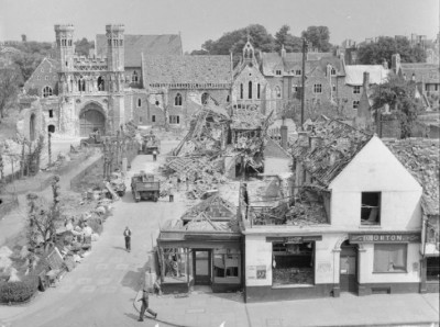 Some of the damage in Canterbury around the Abbey in 1942.