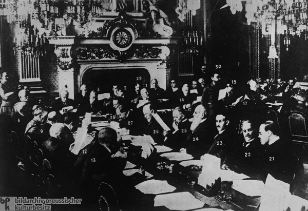 Deliberations taking place at the Paris Peace Conference, dictated to by victorious France, England and the United States. Jews were reported to be much in evidence.