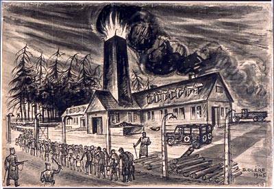 An artist's depiction of a fictional flaming "gas chamber"