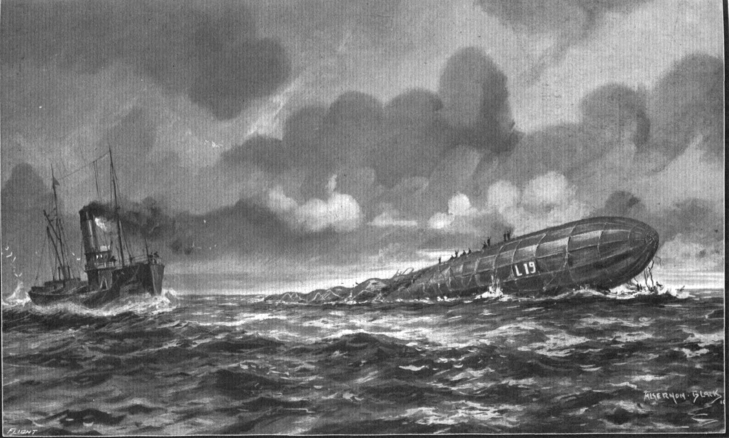 Artistic rendition of the English fishing trawler "King Stephen of Grimsby" refusing to rescue the crew of the stricken Zeppelin L-19, leaving them to drown in the North Sea.