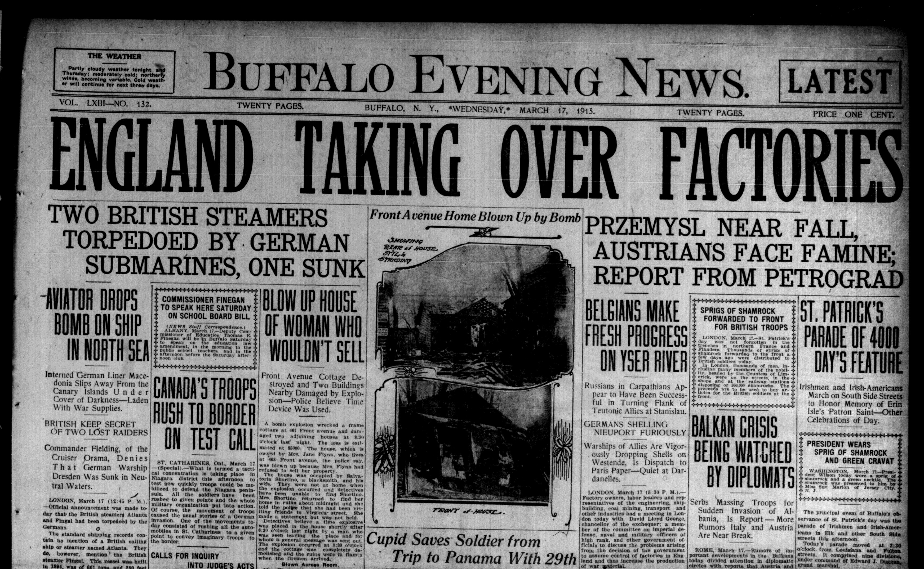 The Buffalo, NY Evening News on March 17, 1915 features the war and English munitions factories, which you can read by enlarging the image.