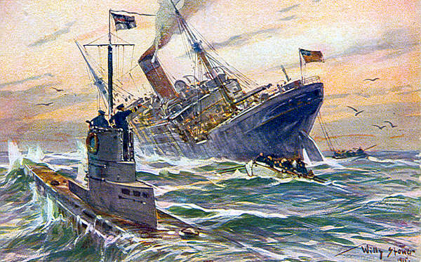 Artist's depiction showing a German U-boat surfacing to see to the rescue of passengers and crew of a torpedoed American ship.