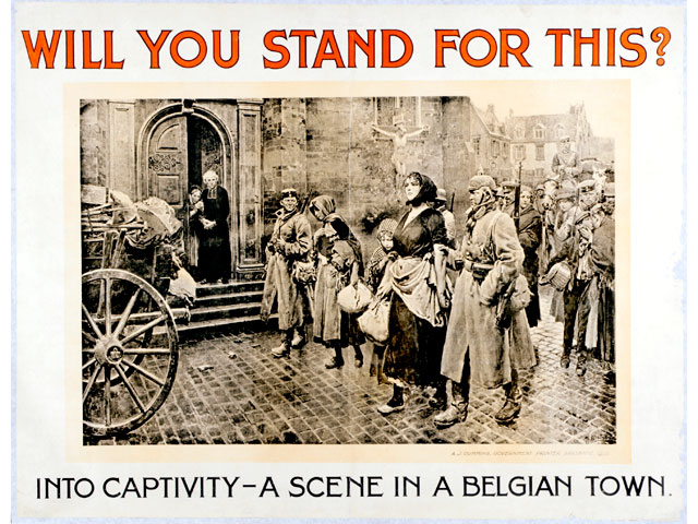 Propaganda poster combining photography and drawing to emphasize religious symbology that projects the German soldier as the persecutor and despoiler of Christian women.