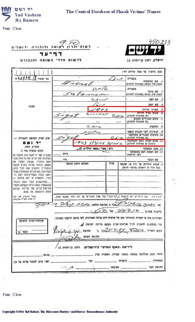 Yad Vashem “Page of Testimony” (PoT) filled out for Shlomo and Mendel Wiesel by their cousin Yaakov Fishkowitz in 1957