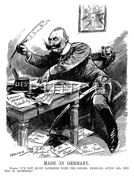 During WWI, the British press never stopped lampooning German Kaiser Wilhelm II, portraying him as a deluded, power-hungry narcissist who started a war he could not win. In this Punch cartoon, he is penning lie after lie when in reality it was the English who were doing the lying about ground won or lost.