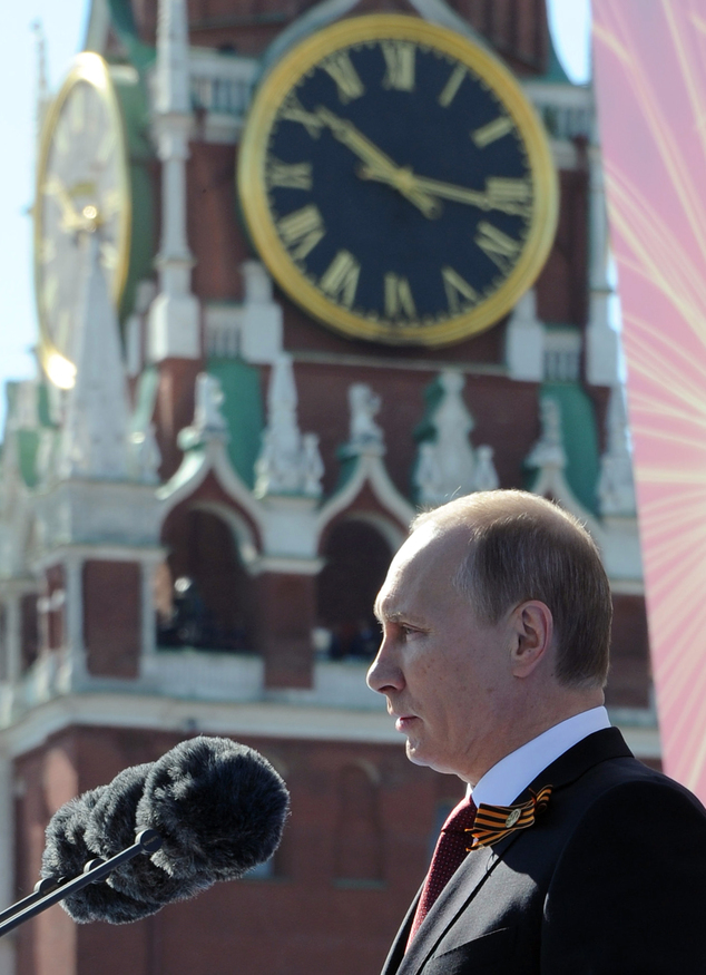 Russian President Vladimir Putin speaks during a Victory Day parade.