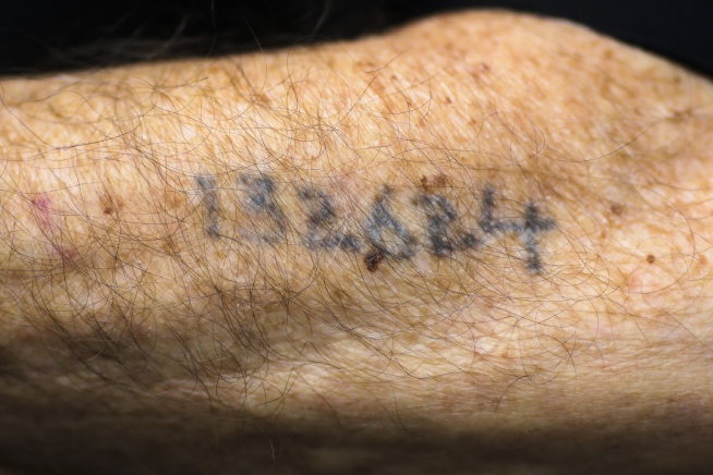 A close-up of Leon Schwarzbaum's Auschwitz tattoo number.