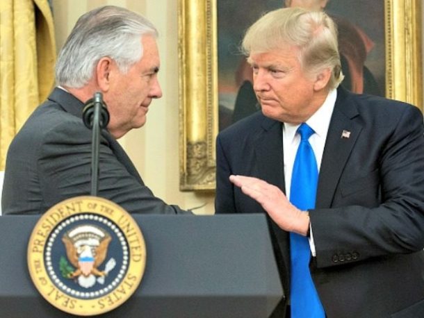 President Donald Trump welcomes Rex Tillerson to his administration after Tillerson's swearing in as Secretary of State