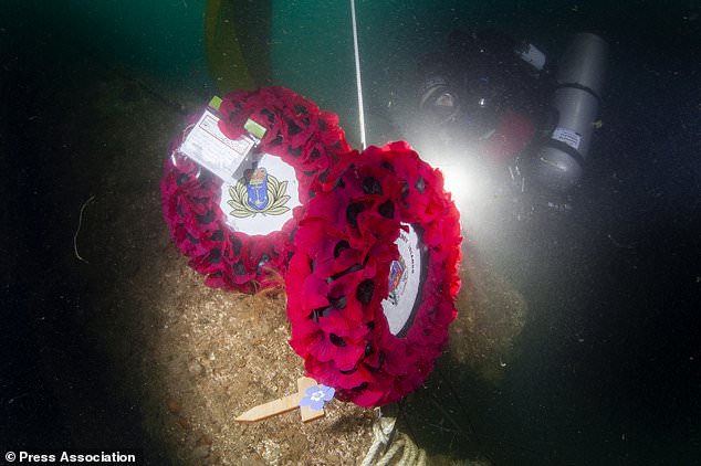 Wreaths laid at the bow on the Dresden after the ceremony at Scapa Flow.