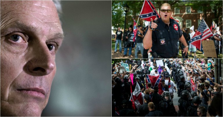 Virginia governor Terry McAuliffe (left) and scenes from the chaotic Charlottesville (Defense of Robt. E. Lee monument) Rally on Saturday at right.