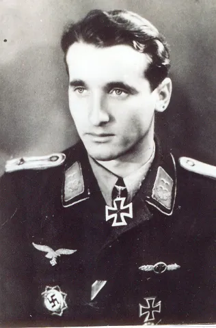 Oberleutnant Leopold Wenger (19 November 1921 – 10 April 1945), recipient of the German Cross in Gold and the Knights Cross (Ritterkreutz); Squadron Commander of 4/Schlachtgeschwader 10 of Jagdgeschwader 2, Luftwaffe.