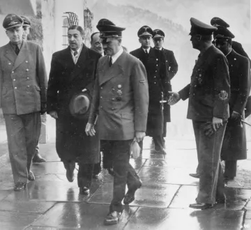 At the Obersalzberg, Adolf Hitler, accompanied by Reich Foreign Minister von Ribbentrop (right), receives the Prime Minister Zwetkowitsch of Yugoslavia for talks in February 1941