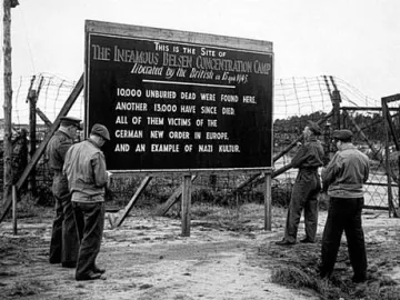 British propaganda sign at the Belsen concentration camp in 1945, after its “liberation”.