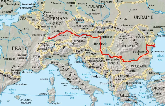 Map tracing route of Danube River