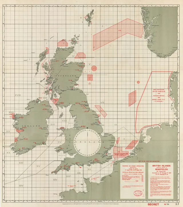 This once secret British document depicts the general situation of minefields surrounding Great Britain on August 19, 1918.